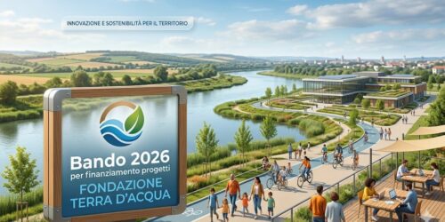 Un'ampia veduta panoramica mostra un fiume che scorre attraverso un paesaggio fertile, con persone che passeggiano e vanno in bicicletta lungo le rive e un moderno centro comunitario in lontananza.