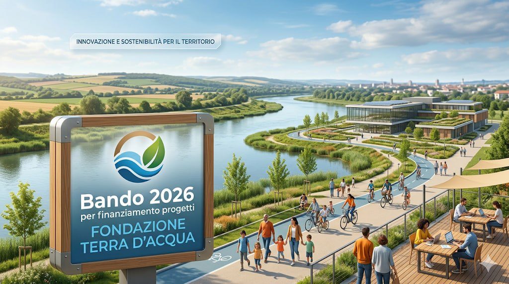 Un'ampia veduta panoramica mostra un fiume che scorre attraverso un paesaggio fertile, con persone che passeggiano e vanno in bicicletta lungo le rive e un moderno centro comunitario in lontananza.